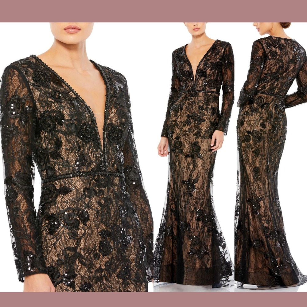 NWT Mac Duggal [ 6 ]‎ 79351 Embellished Long Sleeve Plunge Neck Gown Black Nude
